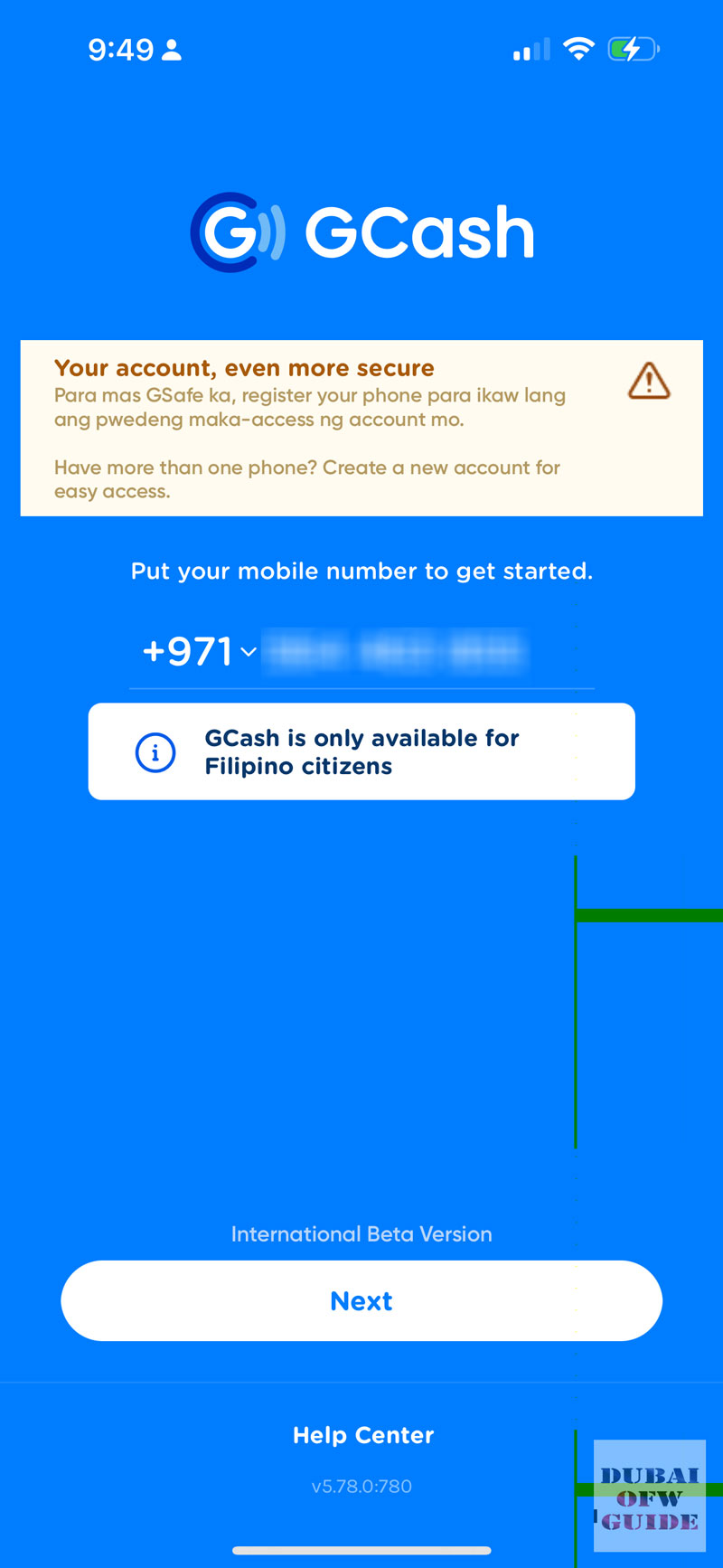 Registering GCASH: Enter Mobile Number