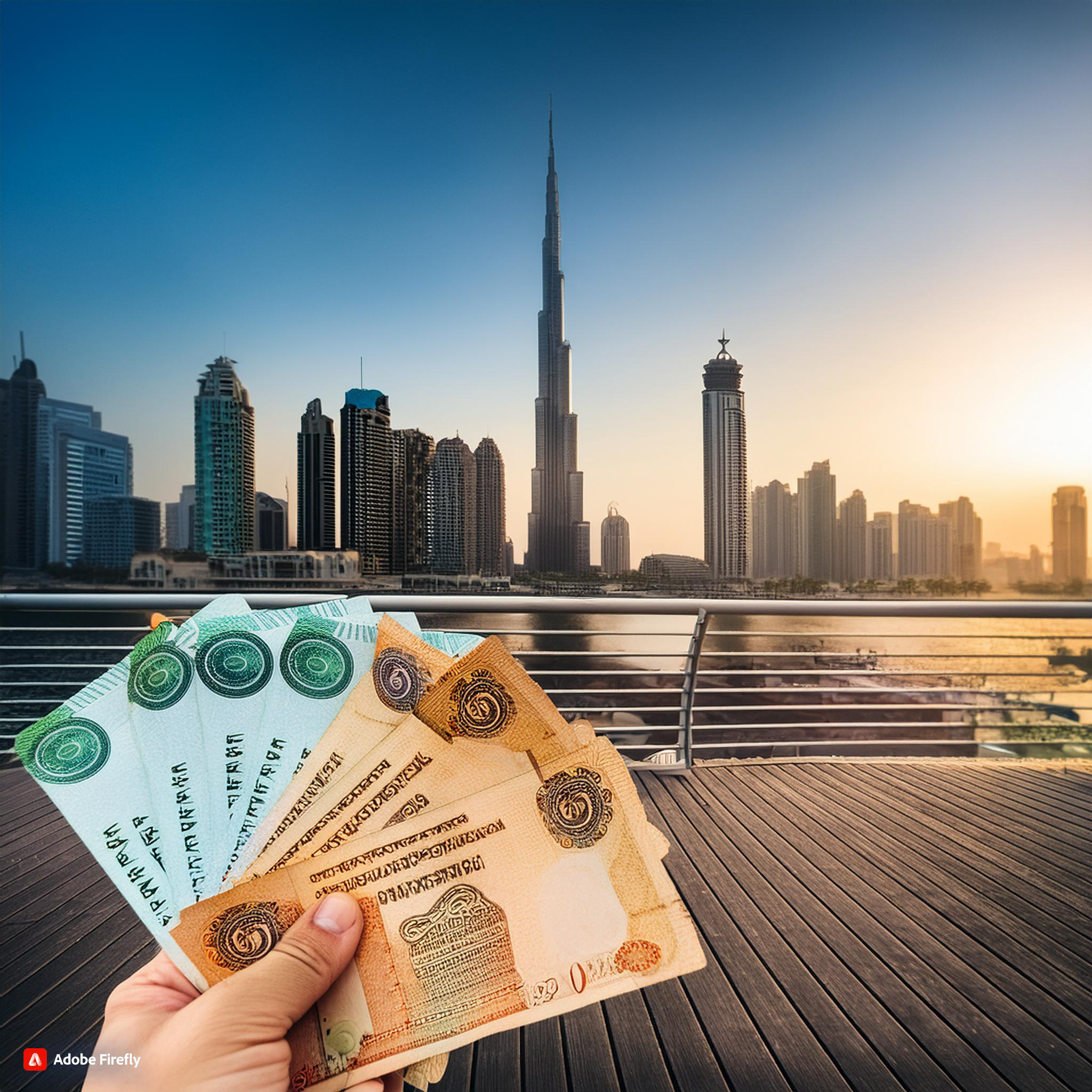 use currency notes with background of uae skyline