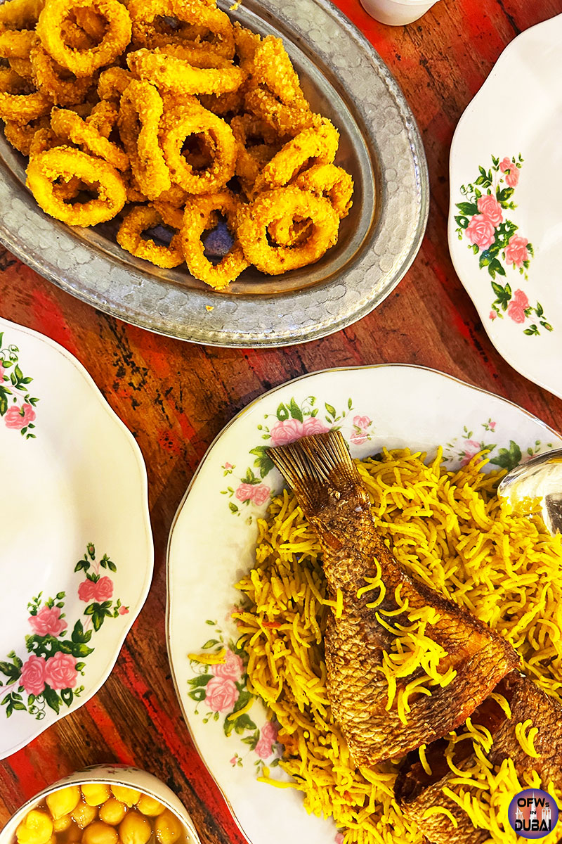 Crispy Calamari and Fish Machboos at Al Fanar Restaurant