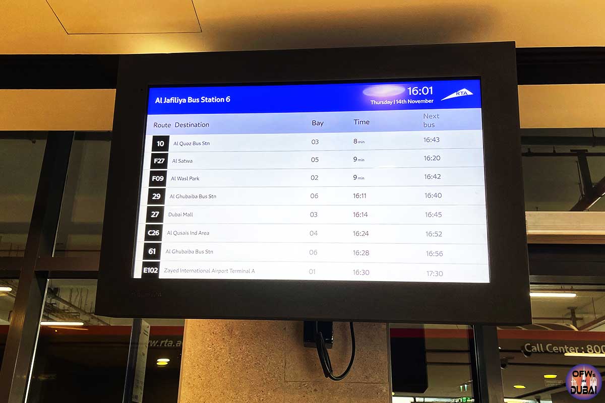 RTA Monitor for Bus Schedules at Jafliya Metro Station